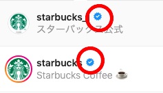 Instagram認証バッジの例(検索画面)